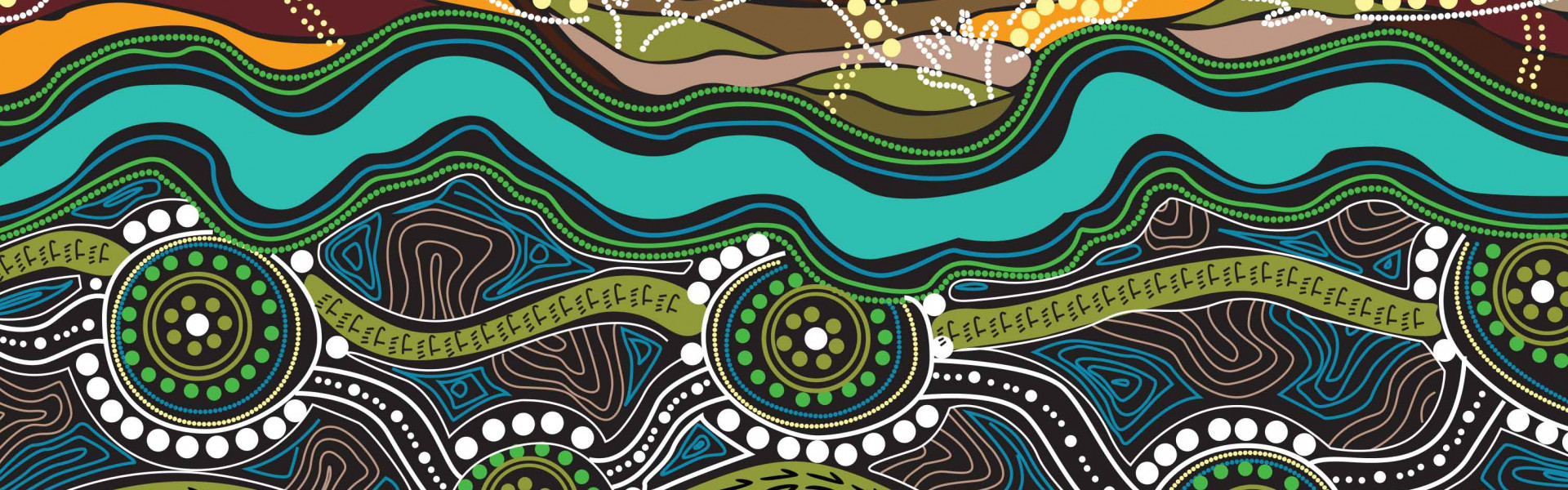 Indigenous artwork featuring songlines, animal totems, waterways, earth and sky. 
