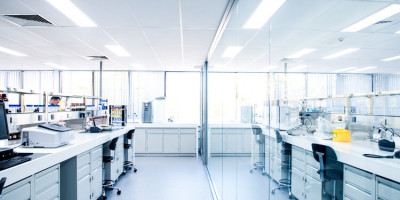 Workbenches and equipment in a pharmaceutical lab facility